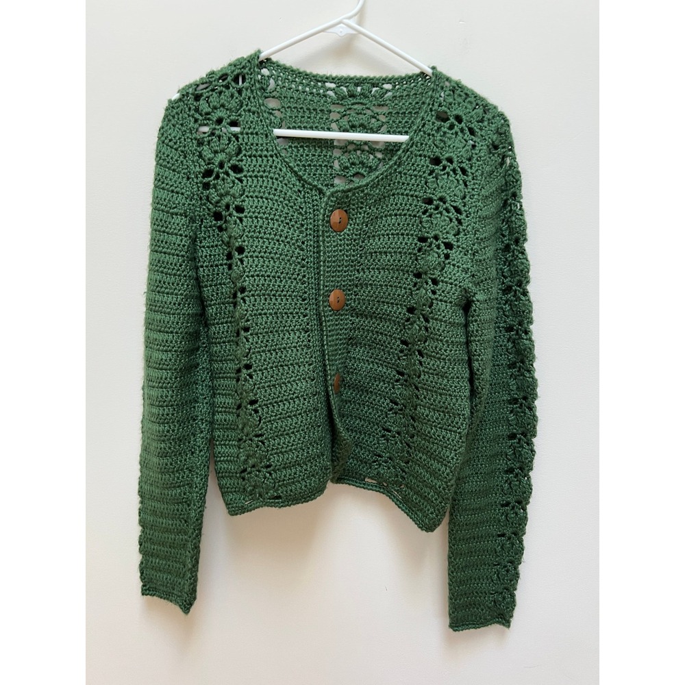 Handmade Crocheted Cardigan Women M Green Floral Open Knit Button Front Sweater